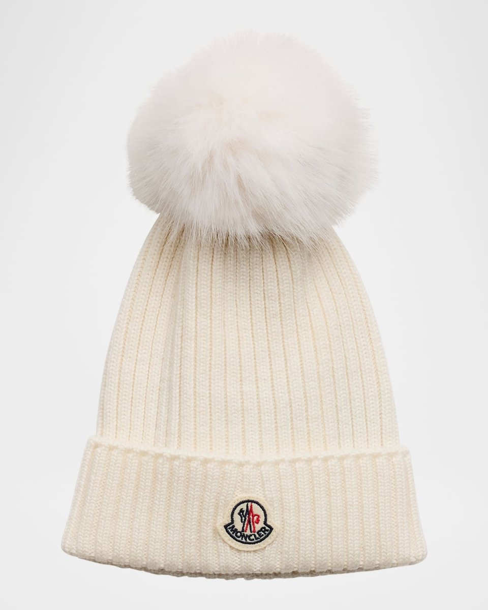 Ribbed Wool Beanie W/ Faux Fur Pom, Size S-L